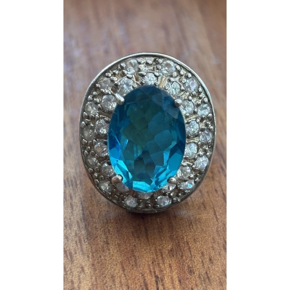 Oval Blue Topaz And White Topaz Halo Ring Sterling Silver Size 5